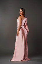 One-shoulder satin maxi evening dress with high slit and ruched draping