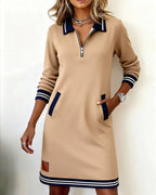 Women cotton long sleeve dress straight cut with lapel collar and front zipper