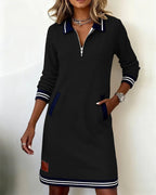 Women cotton long sleeve dress straight cut with lapel collar and front zipper