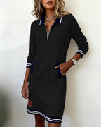 Women cotton long sleeve dress straight cut with lapel collar and front zipper
