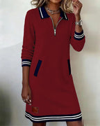 Women cotton long sleeve dress straight cut with lapel collar and front zipper