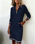 Women cotton long sleeve dress straight cut with lapel collar and front zipper