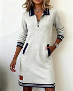 Women cotton long sleeve dress straight cut with lapel collar and front zipper