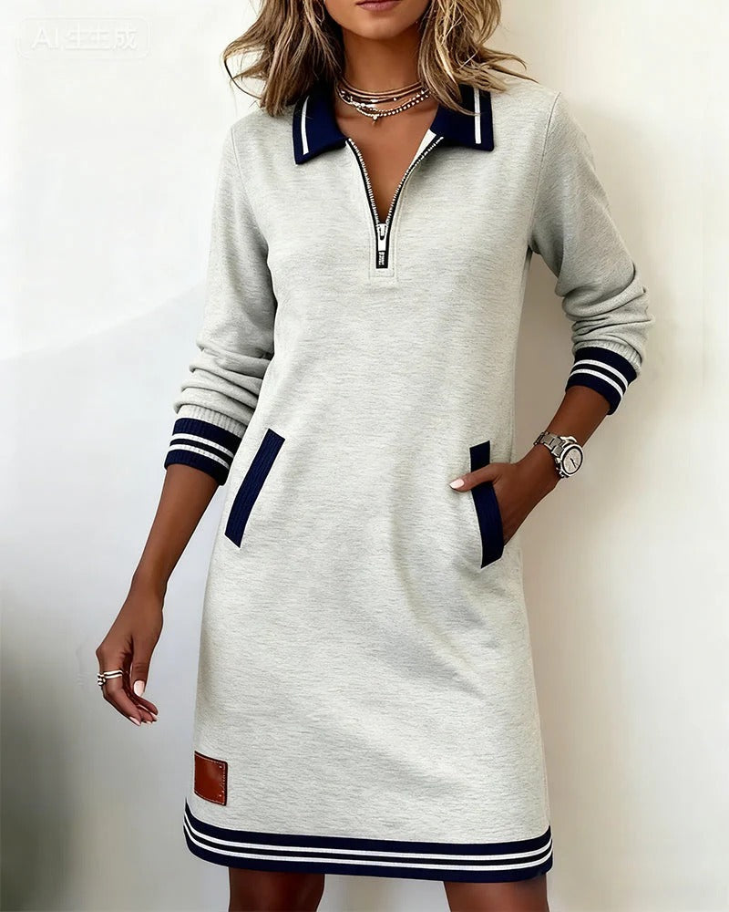 Women cotton long sleeve dress straight cut with lapel collar and front zipper