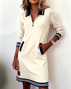 Women cotton long sleeve dress straight cut with lapel collar and front zipper