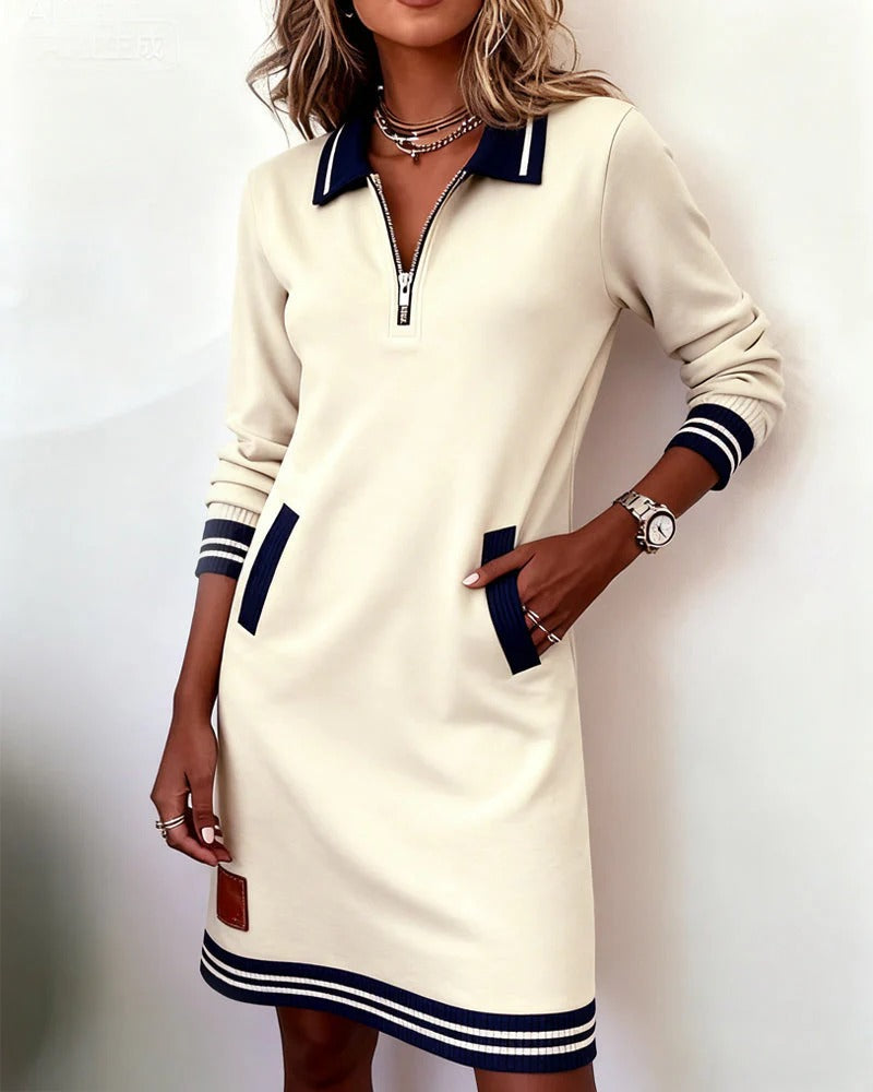 Women cotton long sleeve dress straight cut with lapel collar and front zipper
