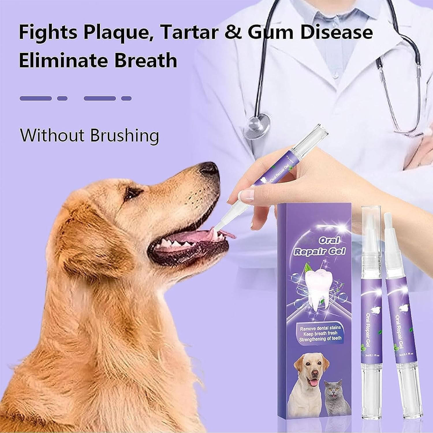 Dog oral repair gel whitening and breath freshening 3-pack, pet-safe plant formula