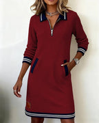 Women cotton long sleeve dress straight cut with lapel collar and front zipper