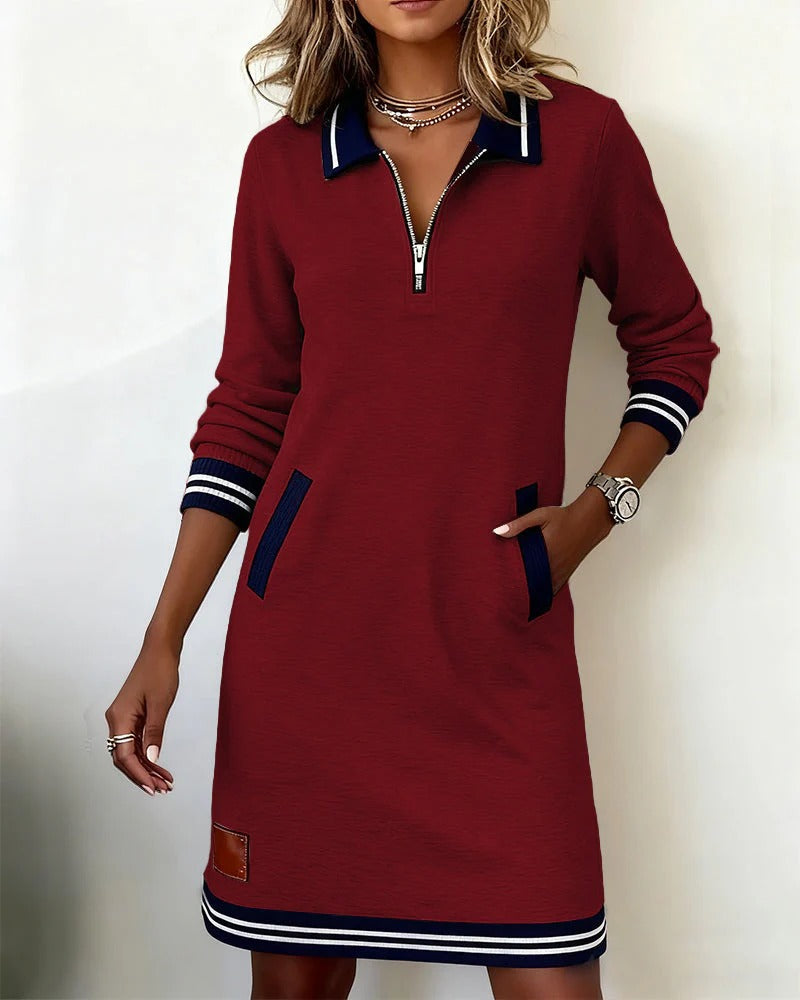 Women cotton long sleeve dress straight cut with lapel collar and front zipper