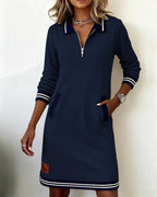Women cotton long sleeve dress straight cut with lapel collar and front zipper