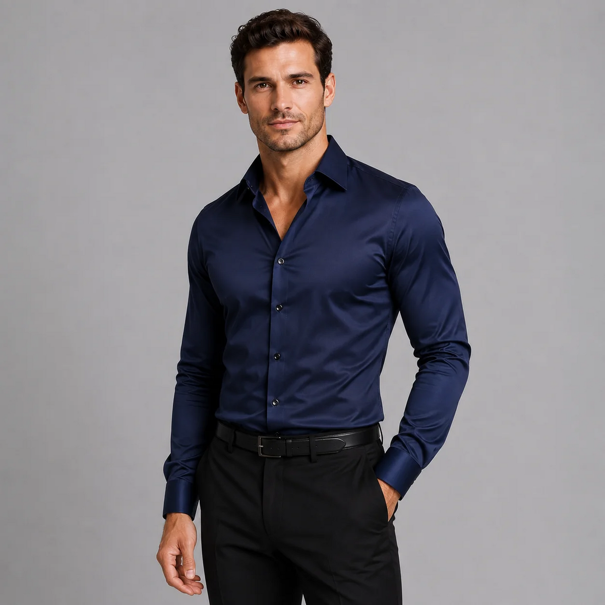 Satin Shirt | Men Slim Fit Stretch Satin-Look Structured Collar