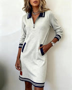 Women cotton long sleeve dress straight cut with lapel collar and front zipper