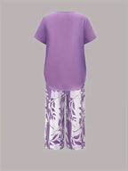 Women 2 piece capri set flowy draped top and relaxed trousers