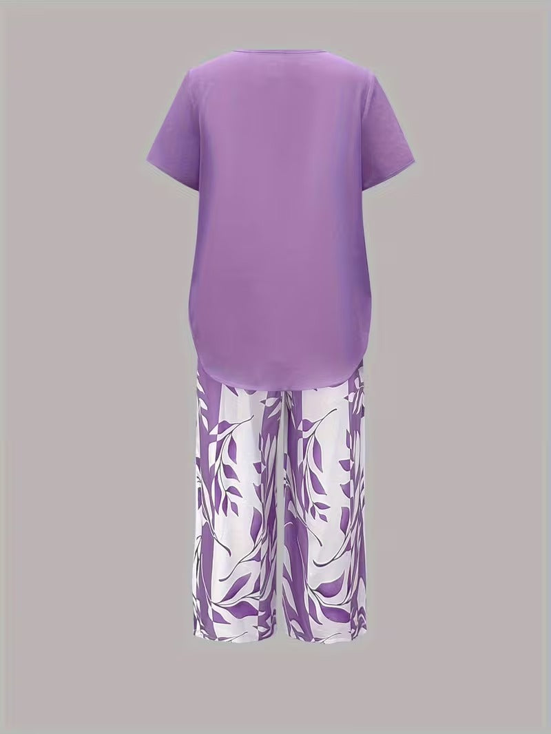Women 2 piece capri set flowy draped top and relaxed trousers