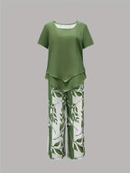 Women 2 piece capri set flowy draped top and relaxed trousers