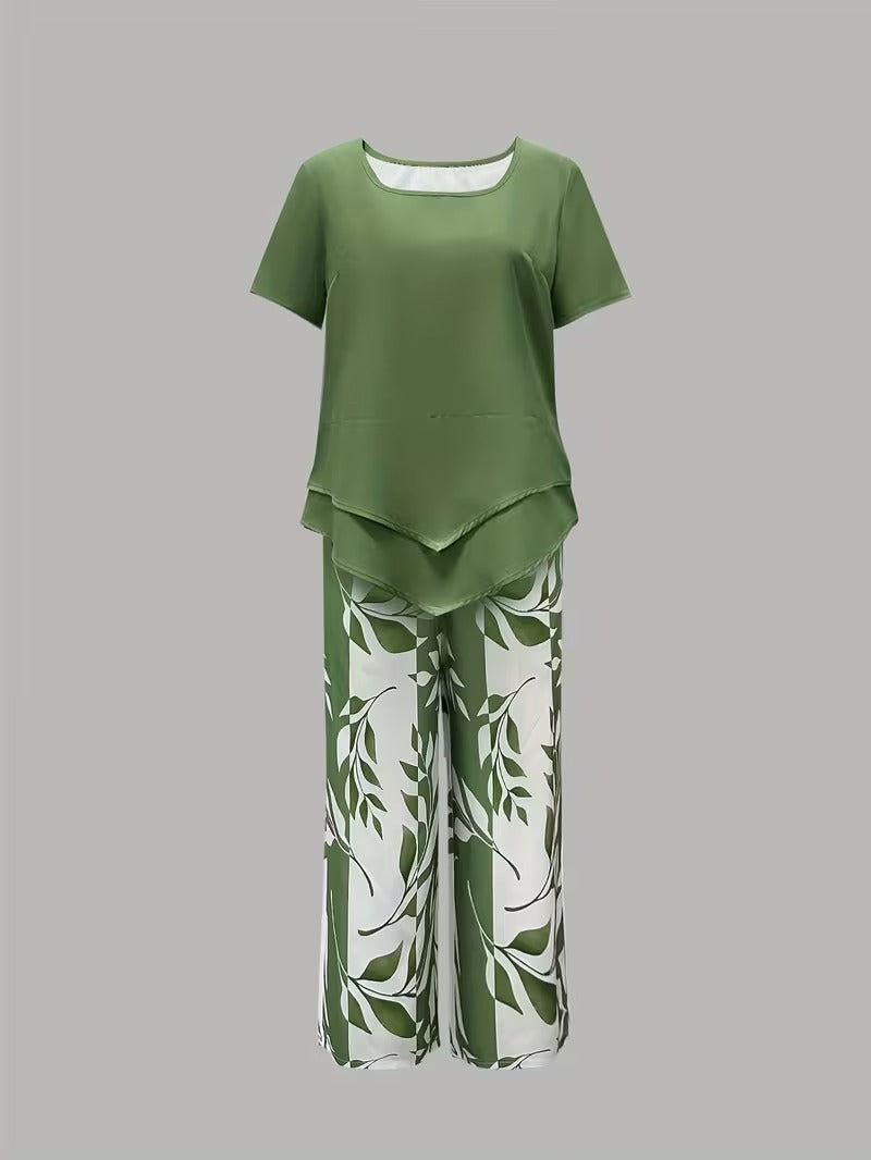 Women 2 piece capri set flowy draped top and relaxed trousers