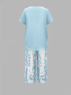 Women 2 piece capri set flowy draped top and relaxed trousers