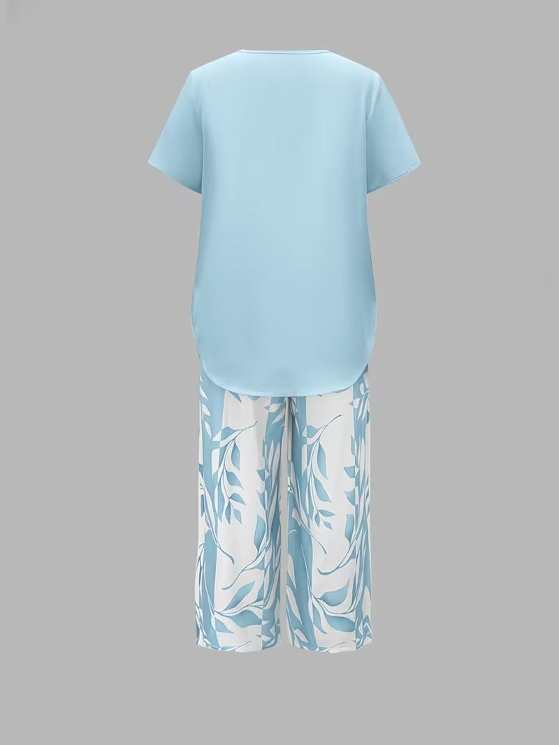 Women 2 piece capri set flowy draped top and relaxed trousers