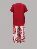 Women 2 piece capri set flowy draped top and relaxed trousers