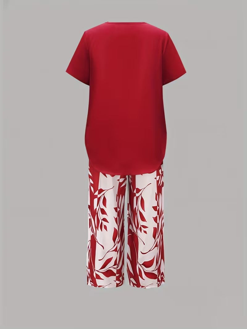 Women 2 piece capri set flowy draped top and relaxed trousers