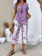 Women 2 piece capri set flowy draped top and relaxed trousers