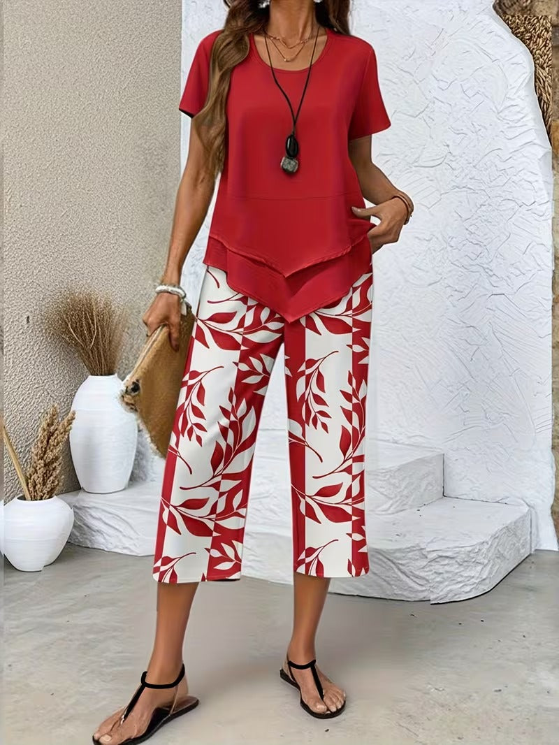 Women 2 piece capri set flowy draped top and relaxed trousers