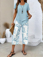 Women 2 piece capri set flowy draped top and relaxed trousers