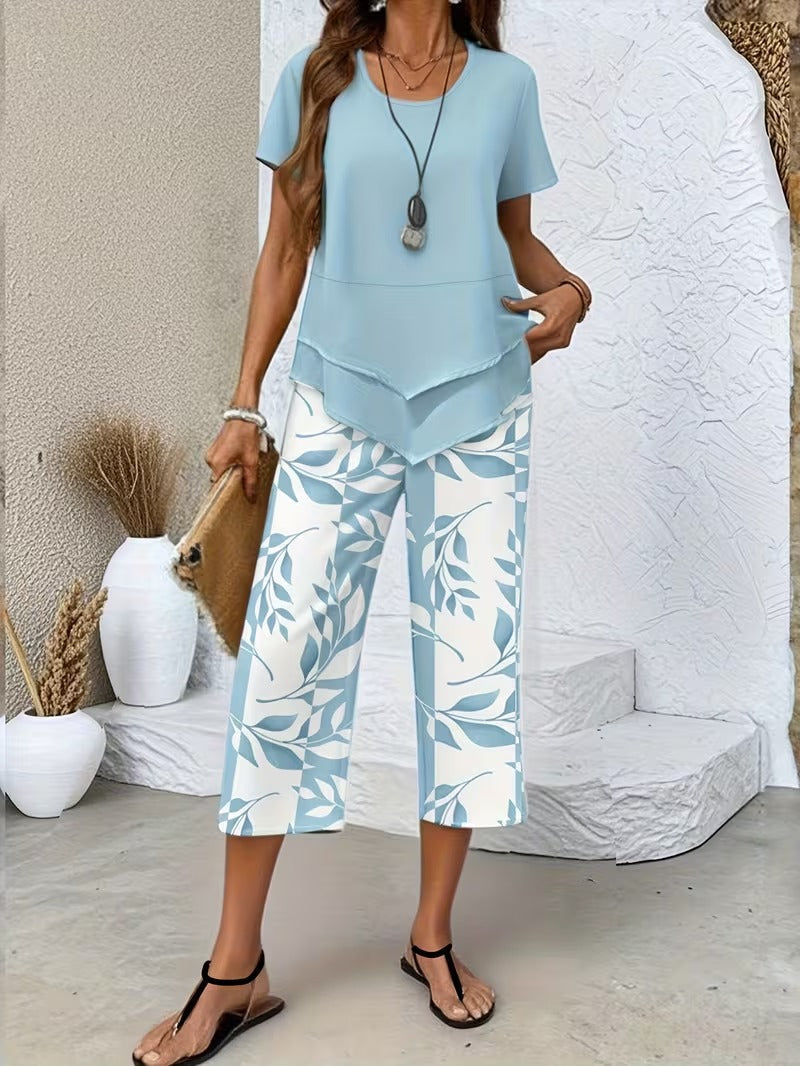 Women 2 piece capri set flowy draped top and relaxed trousers