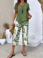 Women 2 piece capri set flowy draped top and relaxed trousers