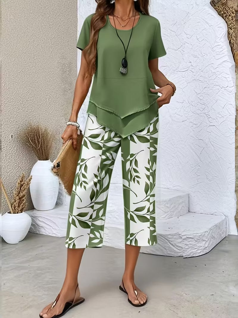 Women 2 piece capri set flowy draped top and relaxed trousers