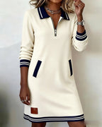 Women cotton long sleeve dress straight cut with lapel collar and front zipper