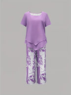 Women 2 piece capri set flowy draped top and relaxed trousers