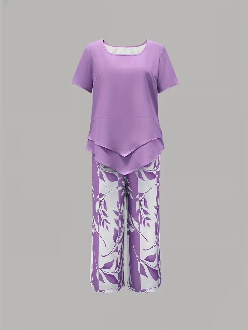 Women 2 piece capri set flowy draped top and relaxed trousers