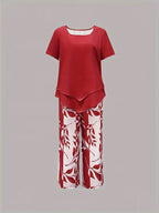 Women 2 piece capri set flowy draped top and relaxed trousers