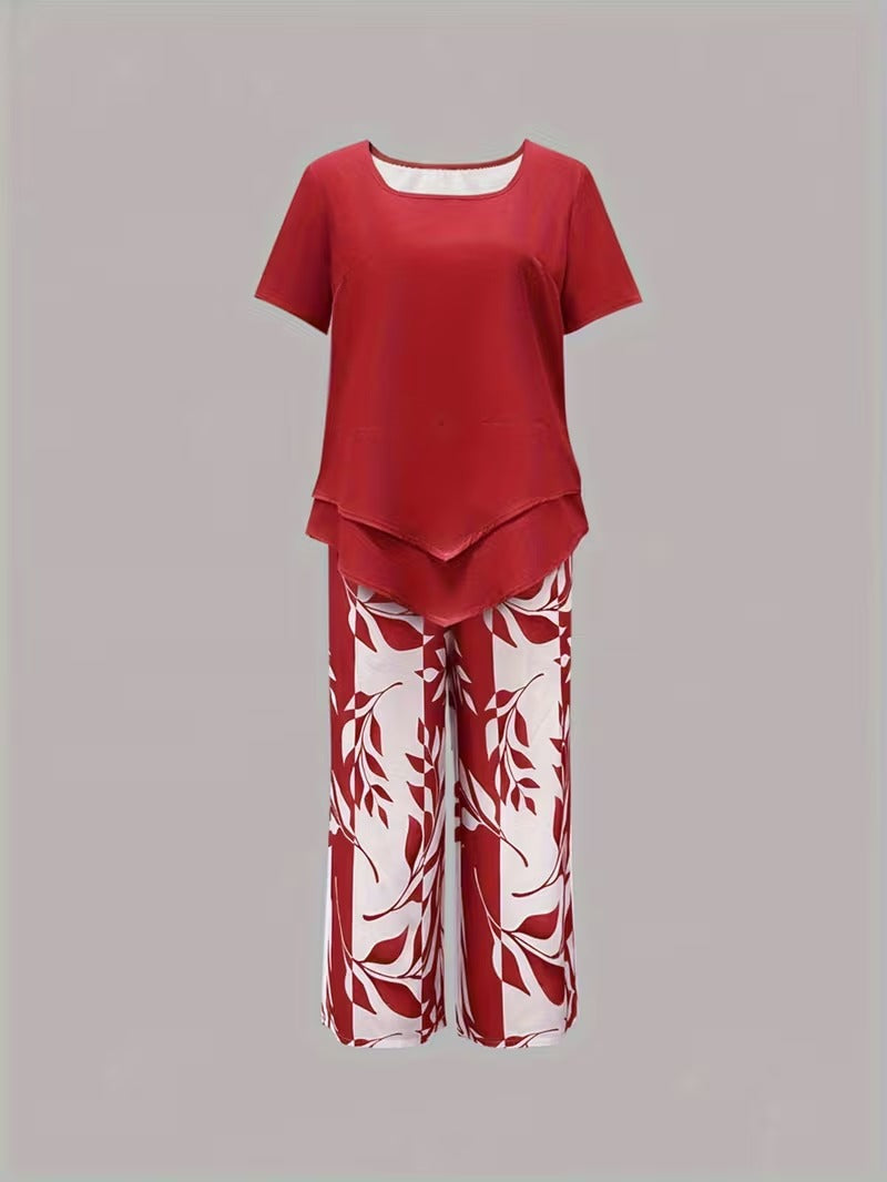 Women 2 piece capri set flowy draped top and relaxed trousers