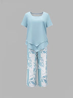 Women 2 piece capri set flowy draped top and relaxed trousers