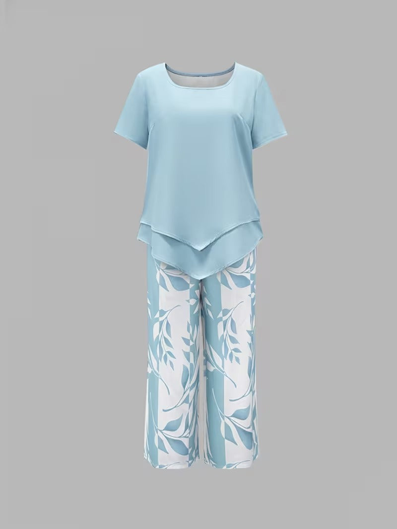 Women 2 piece capri set flowy draped top and relaxed trousers
