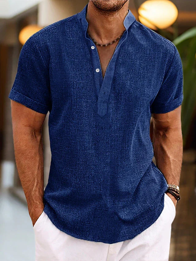 Men's linen shirt with Henley collar and short sleeves, breathable summer fit