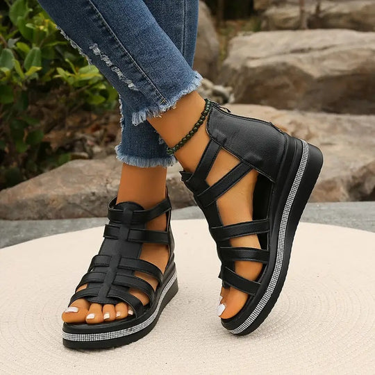 Sandals | Women's Orthopedic Wedge, Gladiator | Black Rhinestone, Zipper Closure
