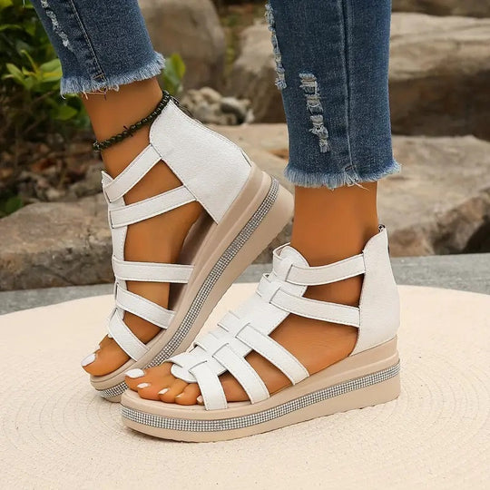 Sandals | Women's Orthopedic Wedge, Gladiator | Black Rhinestone, Zipper Closure