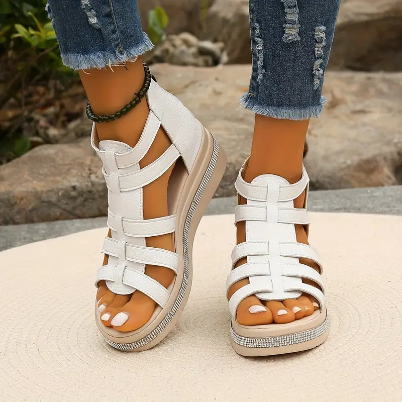 Sandals | Women's Orthopedic Wedge, Gladiator | Black Rhinestone, Zipper Closure