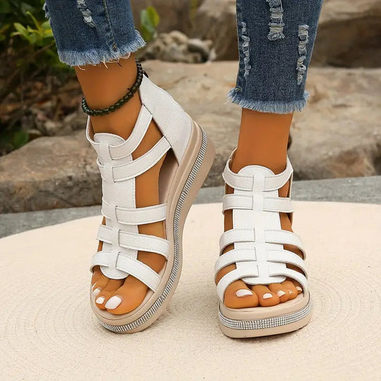 Sandals | Women's Orthopedic Wedge, Gladiator | Black Rhinestone, Zipper Closure