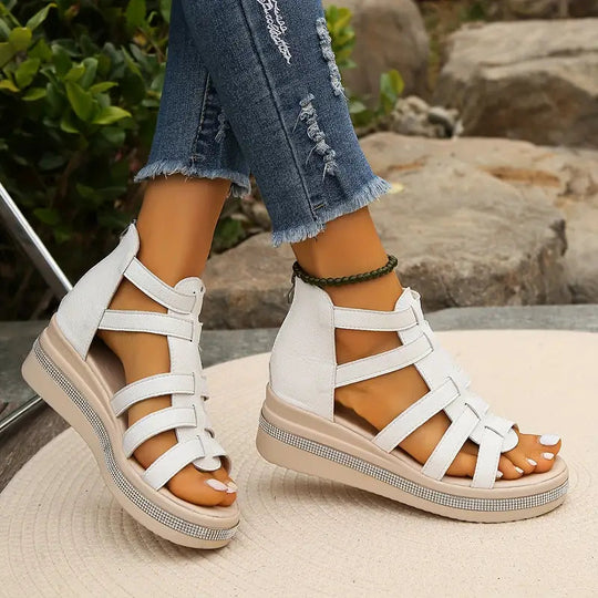 Sandals | Women's Orthopedic Wedge, Gladiator | Black Rhinestone, Zipper Closure