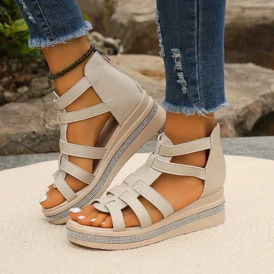 Sandals | Women's Orthopedic Wedge, Gladiator | Black Rhinestone, Zipper Closure