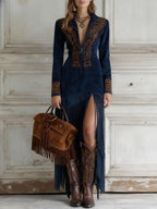 Women's long sleeve maxi dress with fringe detail, boho western style