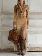 Women's long sleeve maxi dress with fringe detail, boho western style