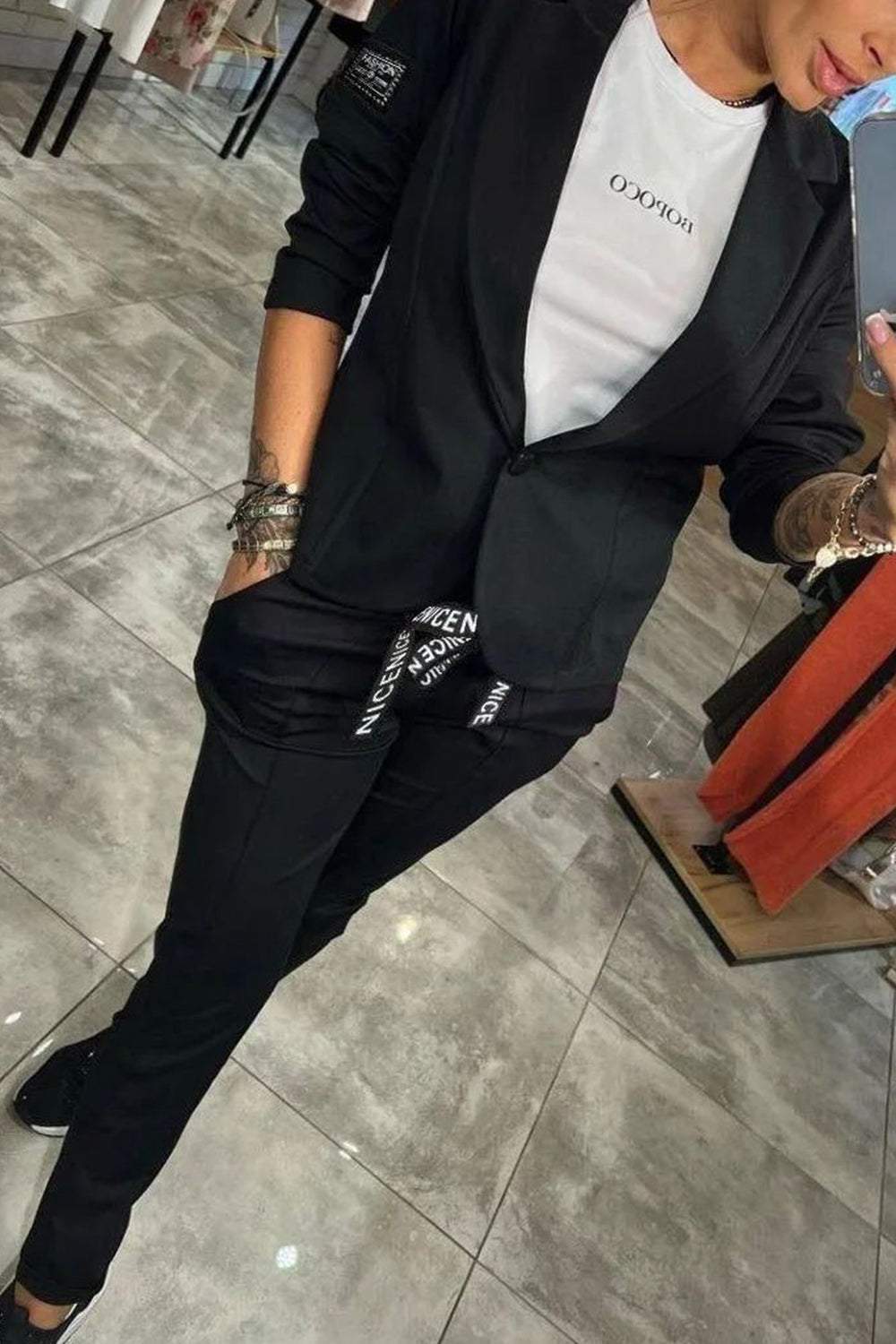 Women's blazer and pants set, two-piece elastic waist office wear