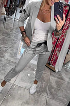 Women's blazer and pants set, two-piece elastic waist office wear