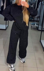 Women 2 piece lounge set with rhinestone detail and relaxed wide-leg fit