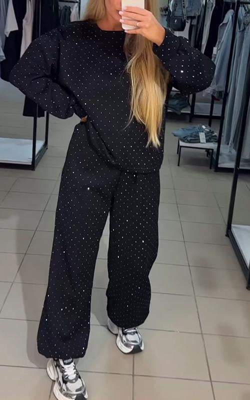 Women 2 piece lounge set with rhinestone detail and relaxed wide-leg fit